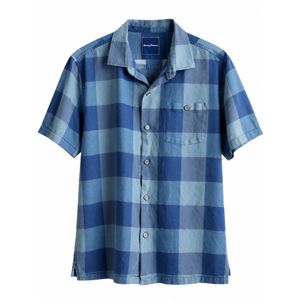 Tommy Bahama Men's Large 100% Silk Blue Plaid Short Sleeve Camp Shirt